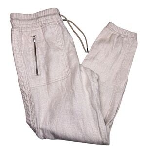 Athleta Cabo Linen Jogger Pants 6 Cream Cheetah Print Drawstring Zip Pocket 100%